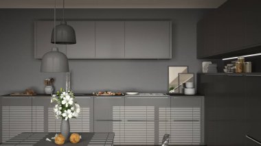 Modern mutfak masa ve sandalyeler, pişirme pan ve gıda, clos