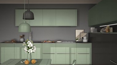 Modern mutfak masa ve sandalyeler, pişirme pan ve gıda, clos