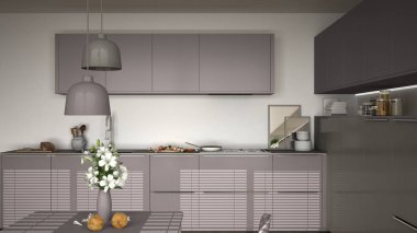 Modern mutfak masa ve sandalyeler, pişirme pan ve gıda, clos