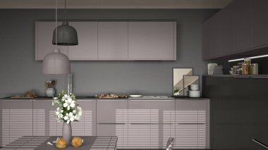 Modern mutfak masa ve sandalyeler, pişirme pan ve gıda, clos