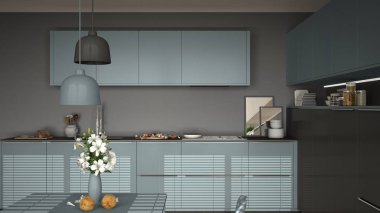 Modern mutfak masa ve sandalyeler, pişirme pan ve gıda, clos