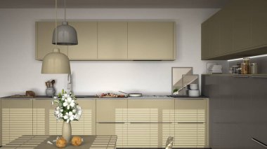 Modern mutfak masa ve sandalyeler, pişirme pan ve gıda, clos