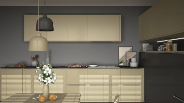 Modern mutfak masa ve sandalyeler, pişirme pan ve gıda, clos