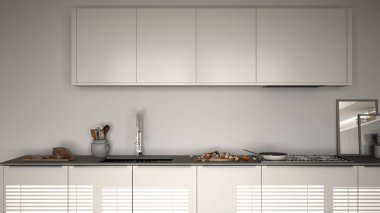 Modern mutfak lavabo ve soba, pişirme pan ve gıda, kapatmak-