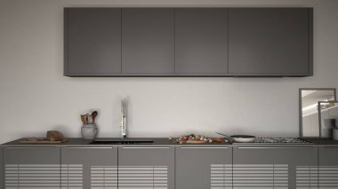 Modern mutfak lavabo ve soba, pişirme pan ve gıda, kapatmak-