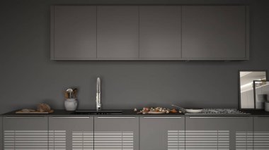 Modern mutfak lavabo ve soba, pişirme pan ve gıda, kapatmak-