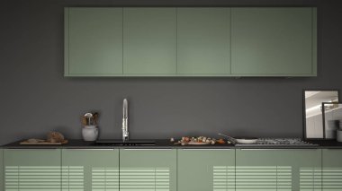 Modern mutfak lavabo ve soba, pişirme pan ve gıda, kapatmak-