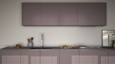 Modern mutfak lavabo ve soba, pişirme pan ve gıda, kapatmak-