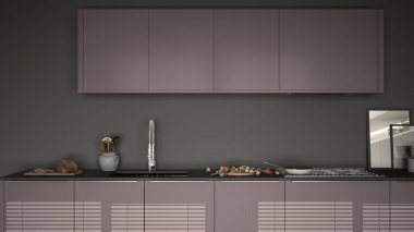 Modern mutfak lavabo ve soba, pişirme pan ve gıda, kapatmak-