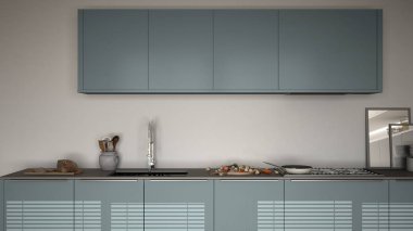 Modern mutfak lavabo ve soba, pişirme pan ve gıda, kapatmak-