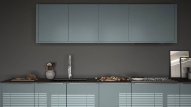 Modern mutfak lavabo ve soba, pişirme pan ve gıda, kapatmak-