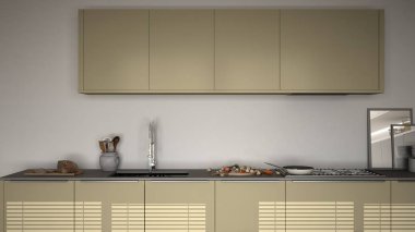 Modern mutfak lavabo ve soba, pişirme pan ve gıda, kapatmak-