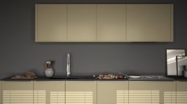 Modern mutfak lavabo ve soba, pişirme pan ve gıda, kapatmak-