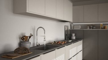 Modern mutfak lavabo ve soba, pişirme pan ve gıda, kapatmak-