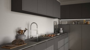 Modern mutfak lavabo ve soba, pişirme pan ve gıda, kapatmak-