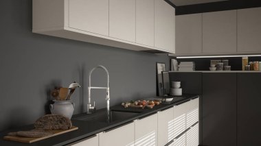 Modern mutfak lavabo ve soba, pişirme pan ve gıda, kapatmak-