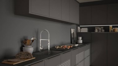 Modern mutfak lavabo ve soba, pişirme pan ve gıda, kapatmak-