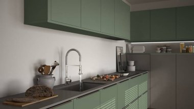 Modern mutfak lavabo ve soba, pişirme pan ve gıda, kapatmak-