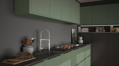 Modern mutfak lavabo ve soba, pişirme pan ve gıda, kapatmak-