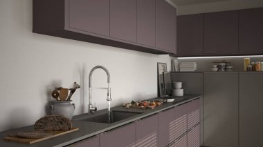 Modern mutfak lavabo ve soba, pişirme pan ve gıda, kapatmak-