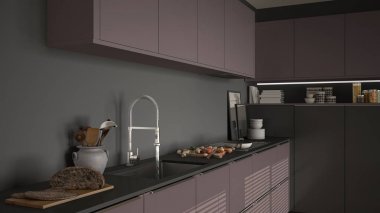 Modern mutfak lavabo ve soba, pişirme pan ve gıda, kapatmak-