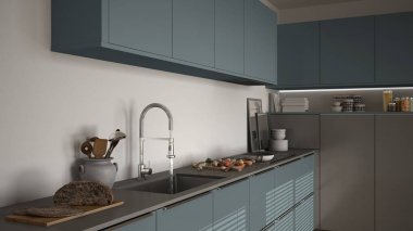 Modern mutfak lavabo ve soba, pişirme pan ve gıda, kapatmak-