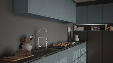 Modern mutfak lavabo ve soba, pişirme pan ve gıda, kapatmak-