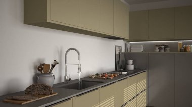 Modern mutfak lavabo ve soba, pişirme pan ve gıda, kapatmak-