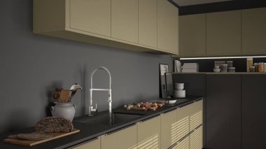 Modern mutfak lavabo ve soba, pişirme pan ve gıda, kapatmak-