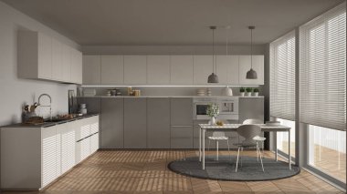 Modern mutfak masa ve sandalye, büyük pencereler ve herringbon