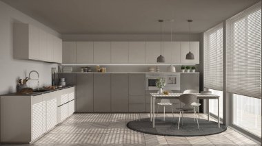 Modern mutfak masa ve sandalye, büyük pencereler ve herringbon