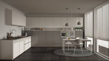 Modern mutfak masa ve sandalye, büyük pencereler ve herringbon