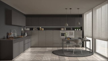 Modern mutfak masa ve sandalye, büyük pencereler ve herringbon