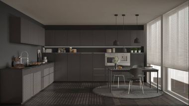 Modern mutfak masa ve sandalye, büyük pencereler ve herringbon