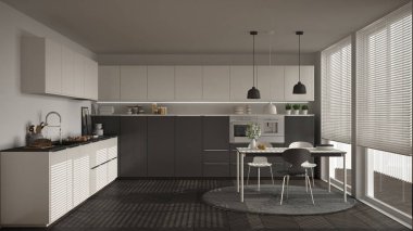 Modern mutfak masa ve sandalye, büyük pencereler ve herringbon