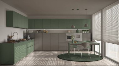 Modern mutfak masa ve sandalye, büyük pencereler ve herringbon