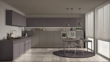 Modern mutfak masa ve sandalye, büyük pencereler ve herringbon