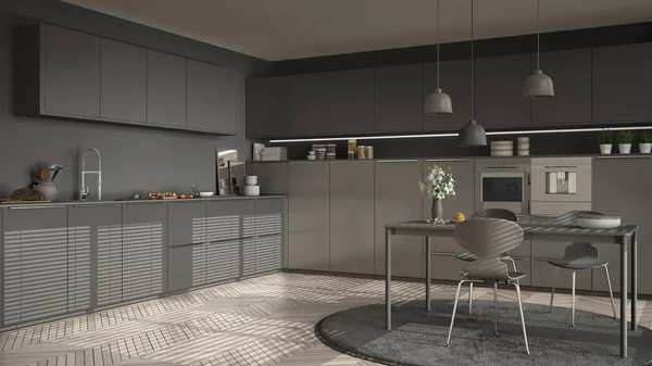 Modern mutfak masa ve sandalye, büyük pencereler ve herringbon