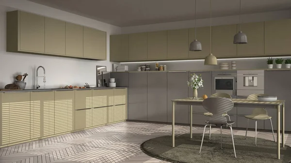 Modern mutfak masa ve sandalye, büyük pencereler ve herringbon