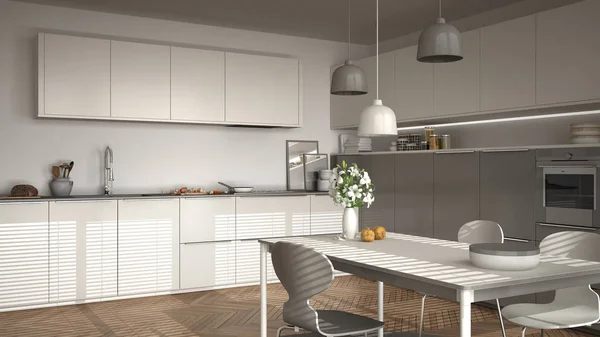 Cozinha moderna com mesa e cadeiras, grandes janelas e arenque — Fotografia de Stock
