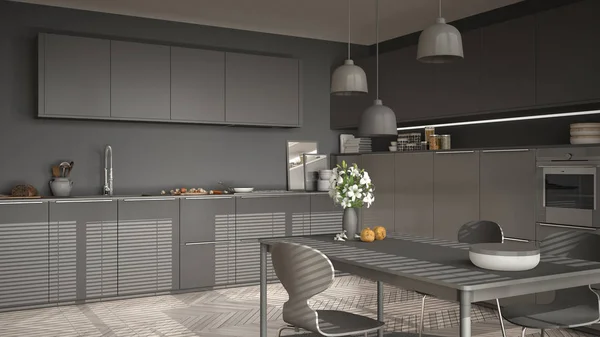 Moderní kuchyně se stolem a židlemi, velkými okny a herringbon — Stock fotografie