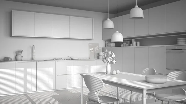 Total white project of modern kitchen with table and chairs, her