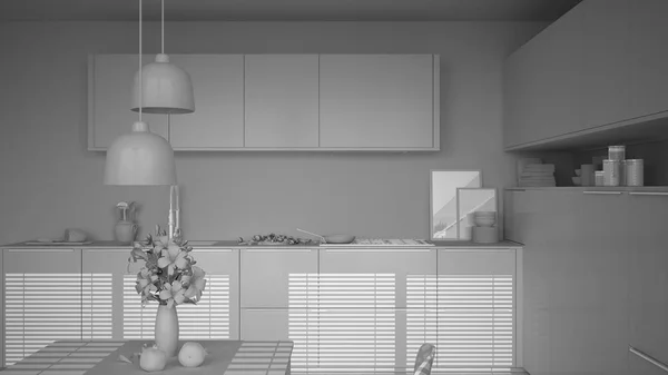 Συνολικό λευκό σχέδιο της μοντέρνα κουζίνα με τραπέζι και καρέκλες, clo — Φωτογραφία Αρχείου