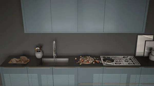 Cocina moderna con fregadero y estufa, sartén y comida, cerrar - — Foto de Stock