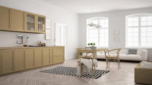 Minimalistische moderne Küche mit Esstisch und Wohnzimmer, — Stockfoto