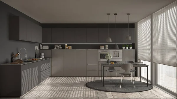 Modern mutfak masa ve sandalye, büyük pencereler ve herringbon