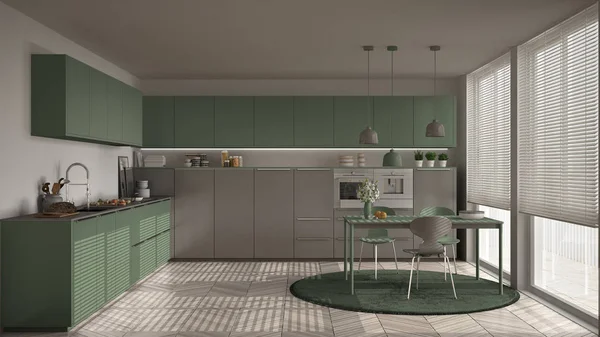 Modern mutfak masa ve sandalye, büyük pencereler ve herringbon