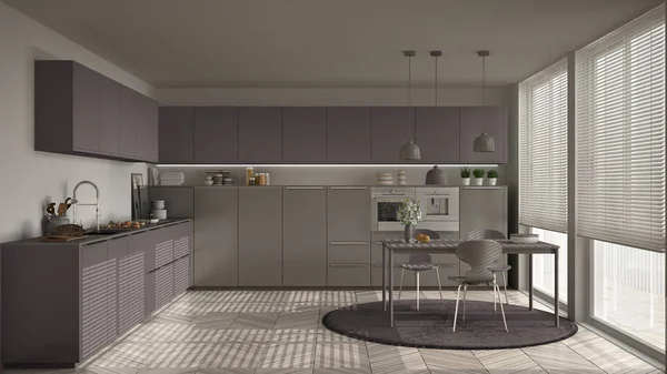 Modern mutfak masa ve sandalye, büyük pencereler ve herringbon