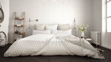 Büyük pencere ve balıksırtı minimalist İskandinav yatak odası 