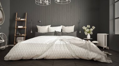 Büyük pencere ve balıksırtı minimalist İskandinav yatak odası 